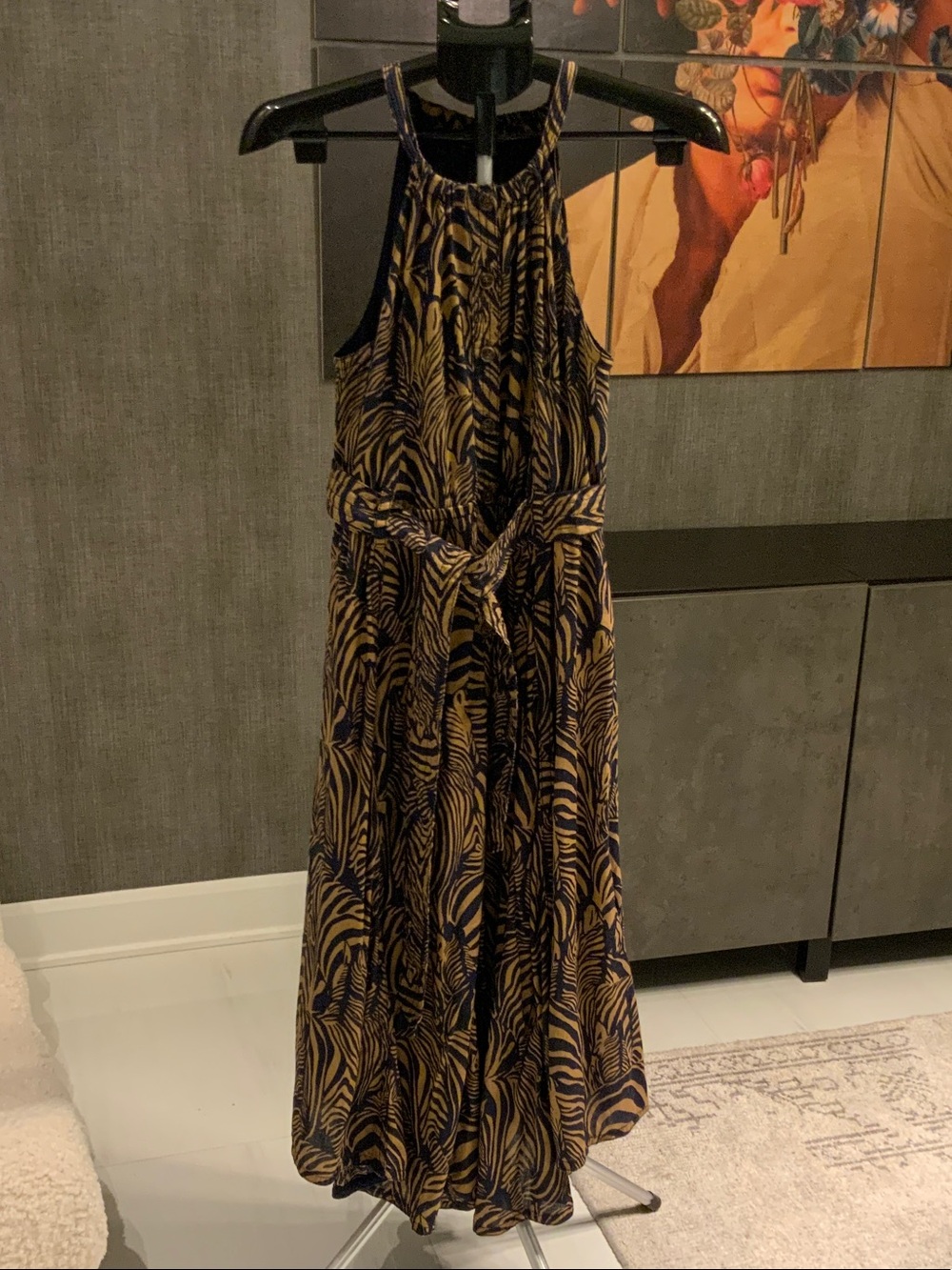 Banana Republic Navy and tan Zebra print Halter Maxi Dress XS